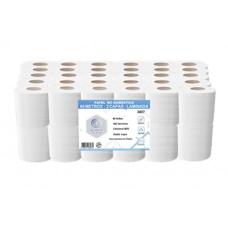 PAPEL WC DOMÉSTICO 60 2 CAPAS GOFRADO PASTA PURA BLANCOPLATA 56 ROLLOS DE 483 SERVICIOS