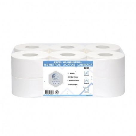 PAPEL WC INDUSTRIAL 150M 2 CAPAS LAMINADO PASTA PURA BLANCOPLATA 12 UNIDADES