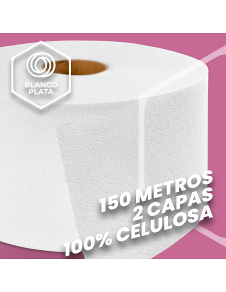 PAPEL WC INDUSTRIAL 150M 2 CAPAS LAMINADO PASTA PURA BLANCOPLATA 12 UNIDADES